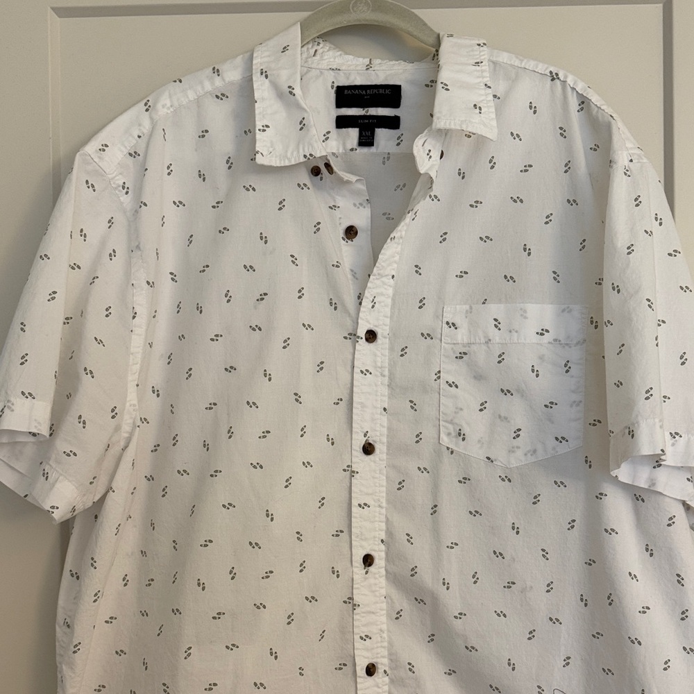 Banana Republic White Short-Sleeve Button-Down with Black Bootprint pattern